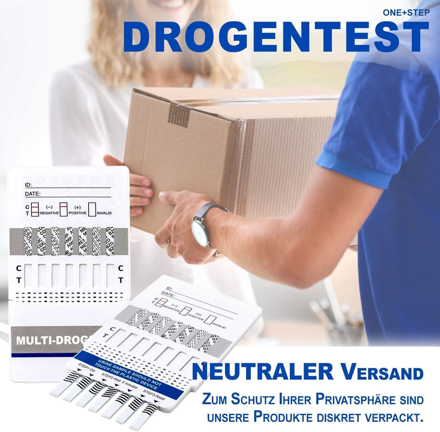 Drogentest-Kits. Aufschrift: One+Step, Neutraler Versand. Zwei Personen halten Pakete und Testkassetten. Produktverpackung.