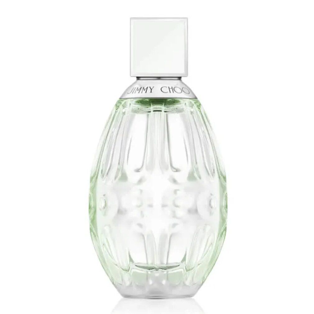 Jimmy Choo Floral Eau de Toilette Flakon mit einem hellgrünen, strukturierten Glas und einem weißen Verschluss.