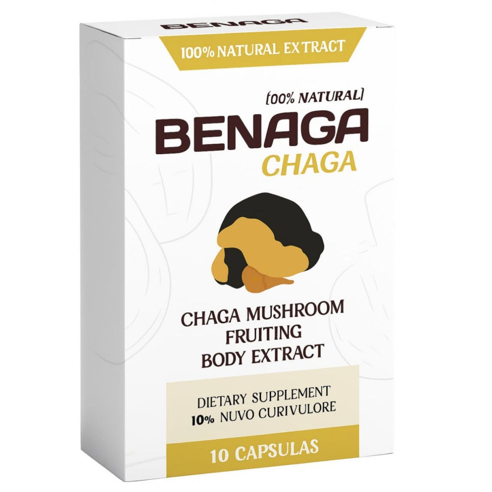Weißer Karton mit "BENAGA CHAGA"-Logo und Abbildung eines Chaga-Pilzes. Text: "100% Natural Extract", "Chaga Mushroom Fruiting Body Extract".