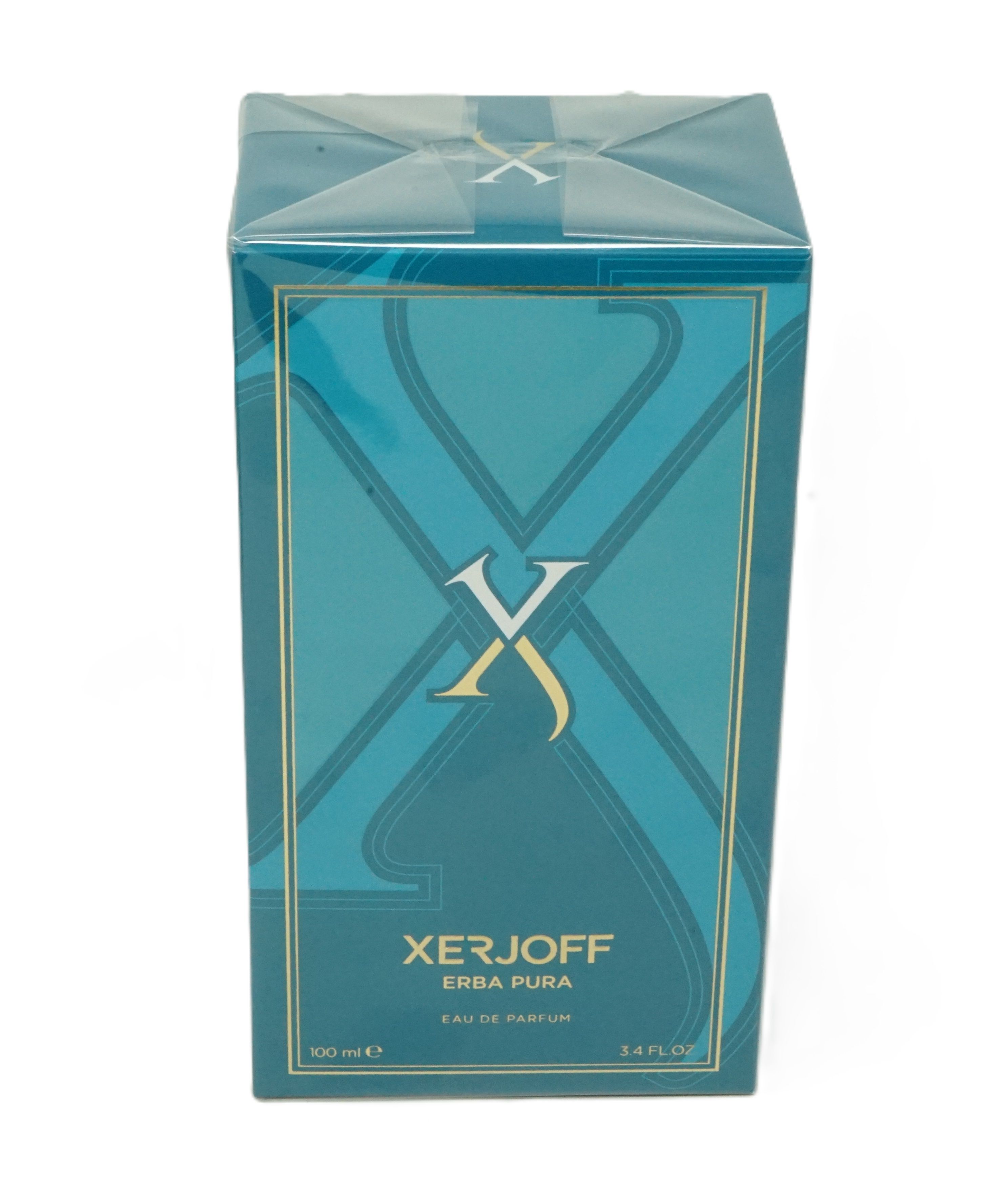 Türkisgrüner Karton mit goldfarbenem Logo und Schriftzug XERJOFF ERBA PURA. Eau de Parfum. 100 ml.