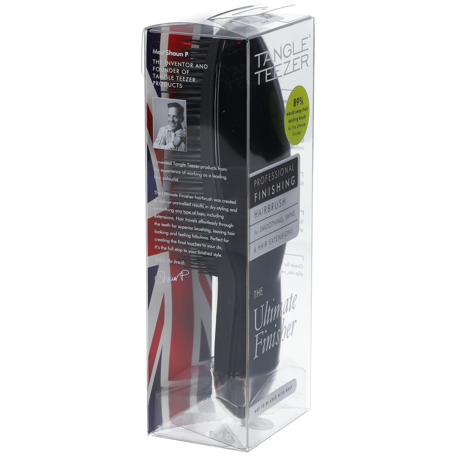 Schwarze Haarbürste in Klarsichtverpackung. Aufschrift: Tangle Teezer, Ultimate Finisher. Mit Union Jack-Design.