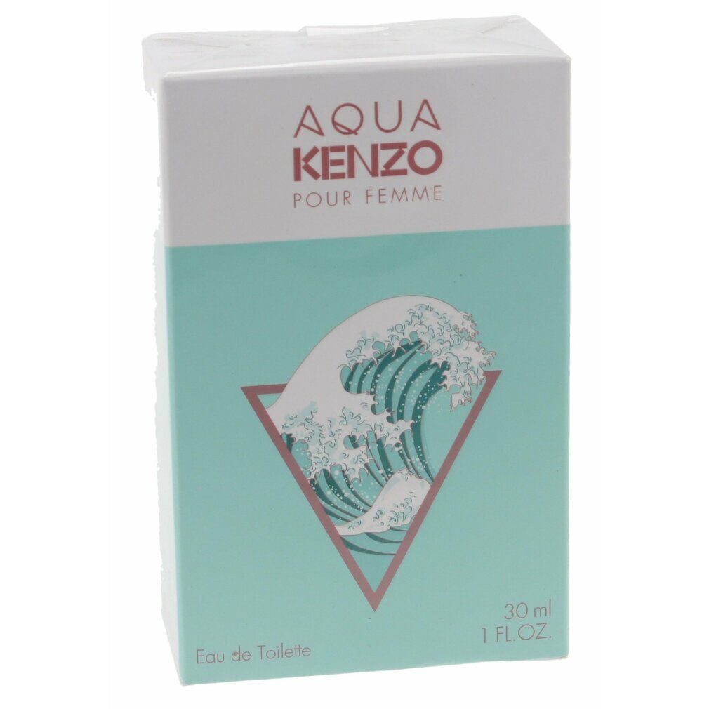 Verpackung von Aqua Kenzo Pour Femme. Wellenmotiv und Schriftzug. 30 ml, 1 FL.OZ. Eau de Toilette.