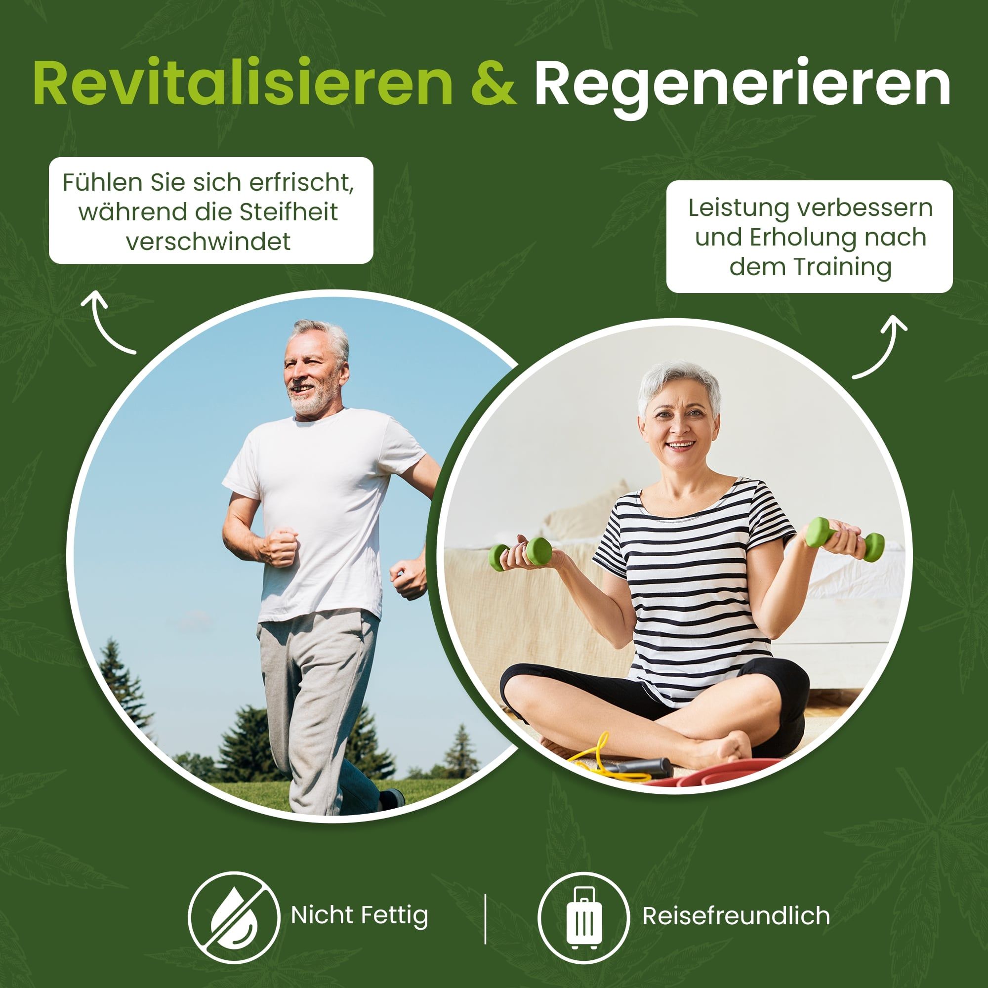 Zwei Personen in Alltagssituationen. Text: Revitalisieren & Regenerieren. Nicht fettig, reisefreundlich.