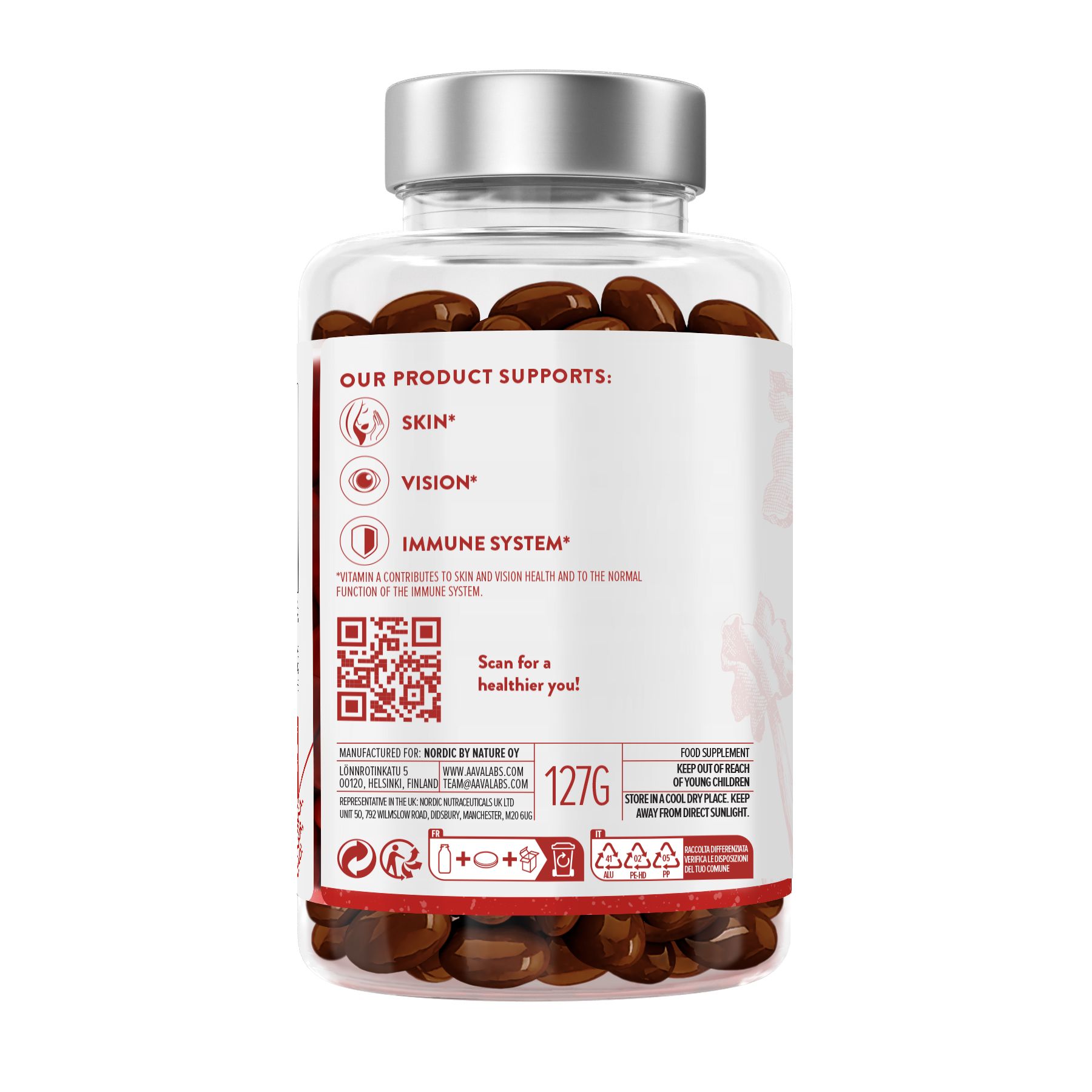 Rückseite der Flasche mit Kapseln. Enthält Informationen zu Haut, Augen, Immunsystem. QR-Code und 127g.
