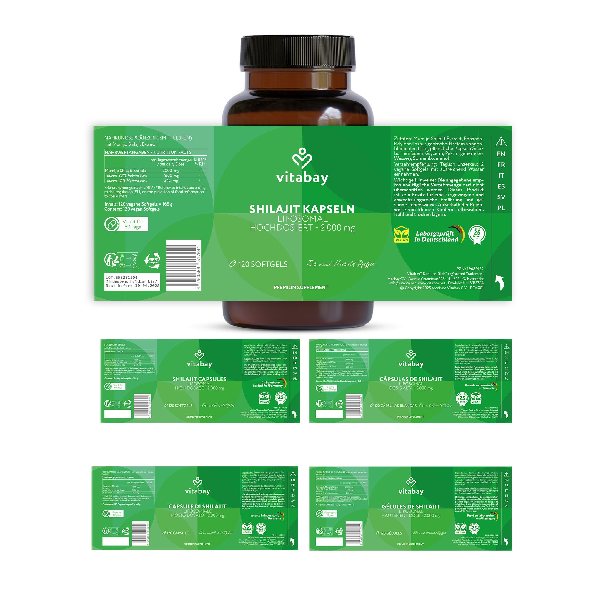 Braune Flasche mit Etiketten. Etiketten zeigen Produktinformationen. Produkt: Shilajit Kapseln. Logo: Vitabay. Text: 120 Softgels, hochdosiert, 2000 mg.