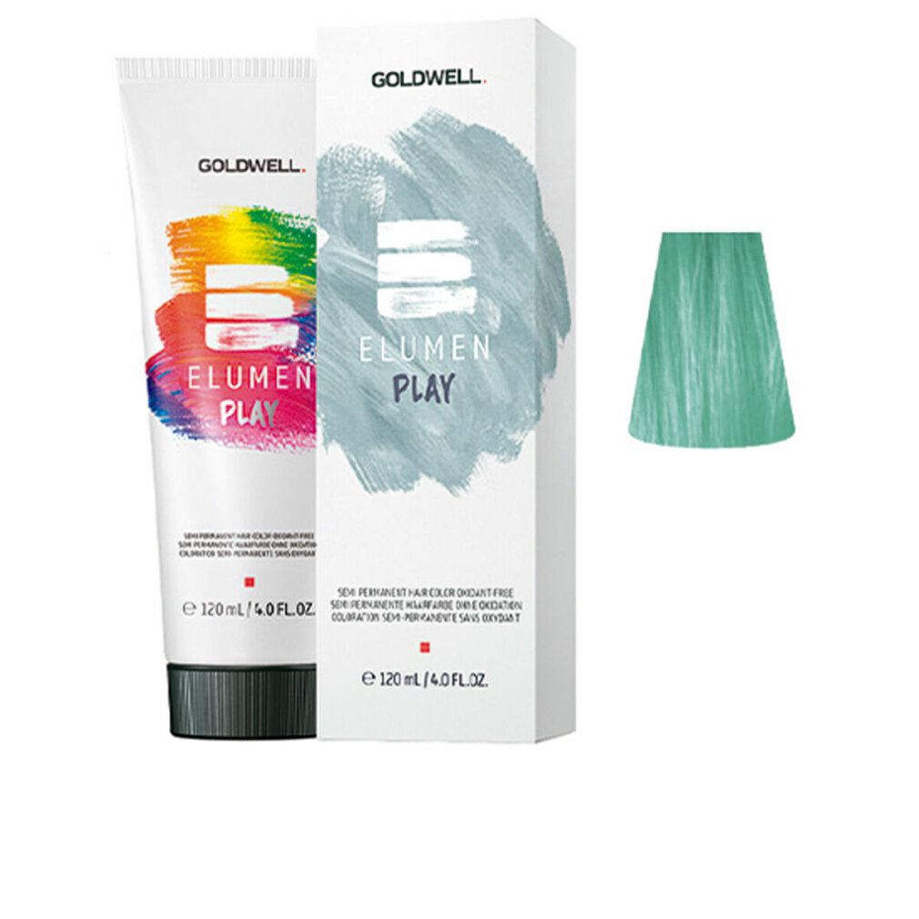 Goldwell ELUMEN PLAY Haarfarbe, Tube und Karton. Mintfarbener Farbfleck. Text: semi-permanente Haarfarbe, oxidationsmittelfrei.