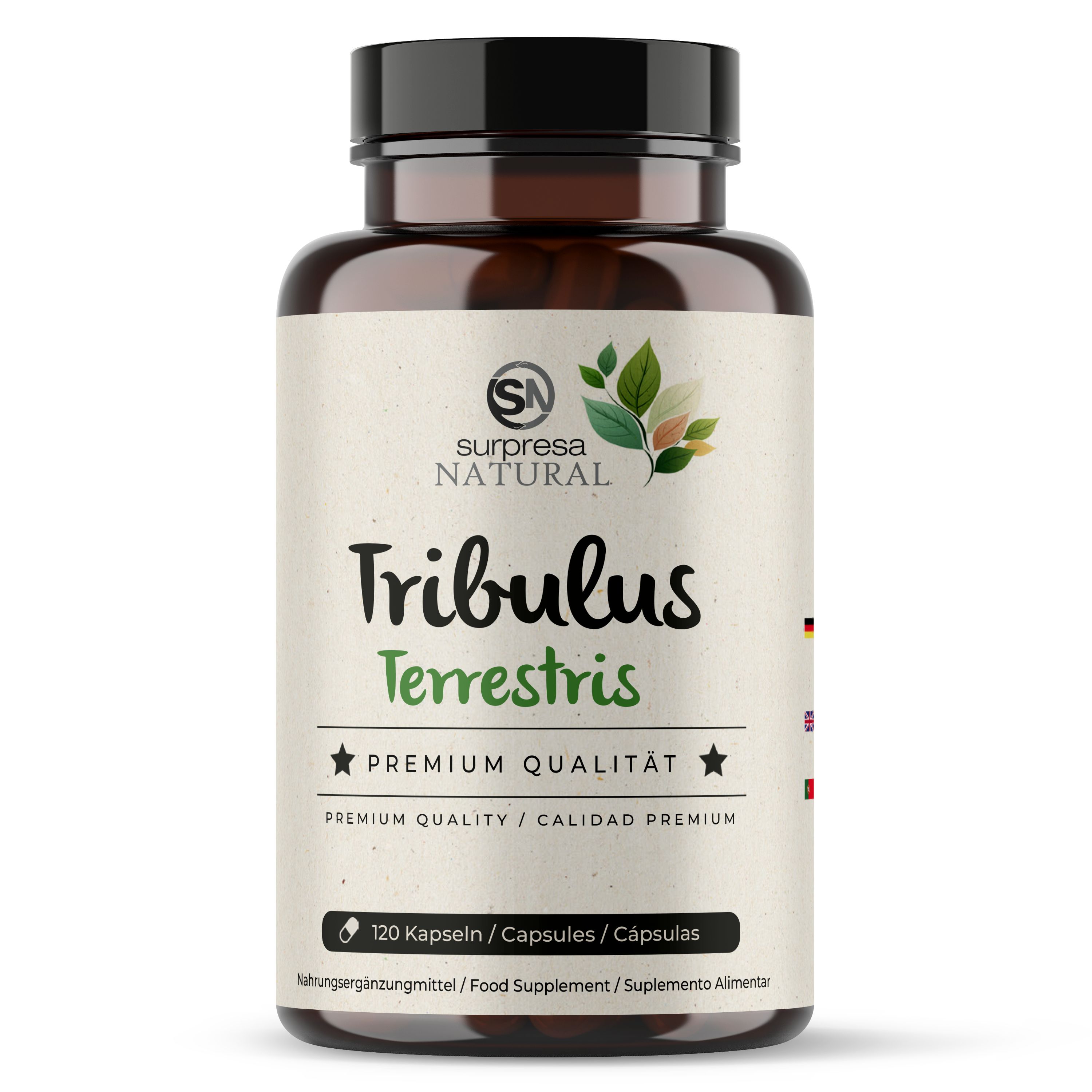 Braune Flasche mit Kapseln. Aufschrift: Surpresa Natural Tribulus Terrestris, Premium Qualität. 120 Kapseln.
