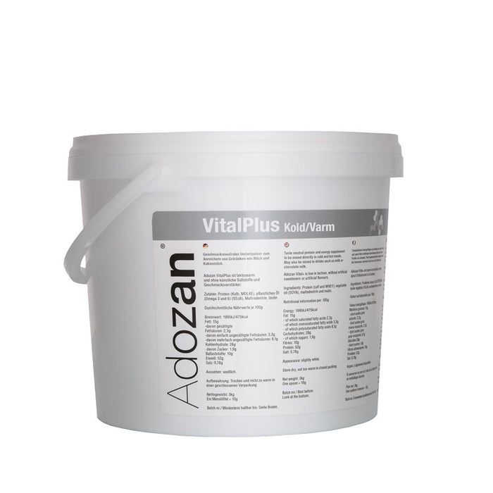 Eimer mit Aufschrift Adozan VitalPlus Kold/Varm. Weißer Eimer mit Griff und Produktinformationen.