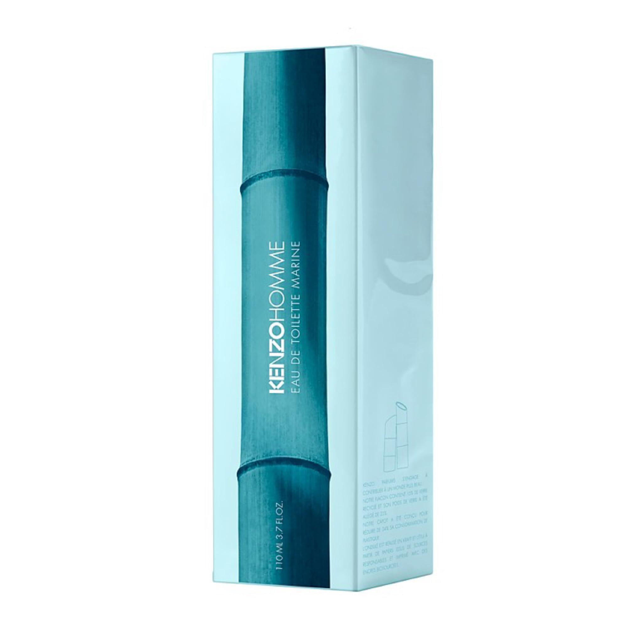 Verpackung mit KENZO HOMME EAU DE TOILETTE MARINE. Türkisgrüne vertikale Streifen.