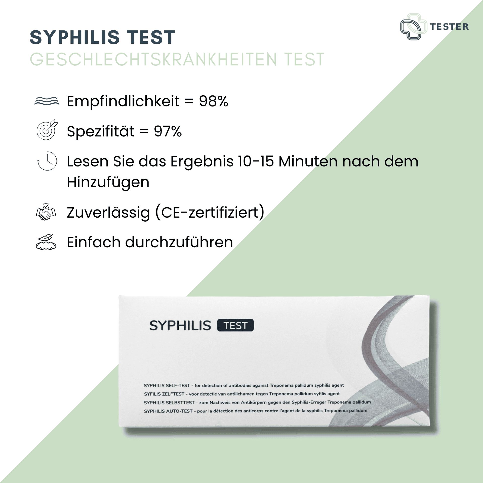 Syphilis-Test: Übersicht mit Empfindlichkeit, Spezifität, Ergebniszeit, Zuverlässigkeit (CE-zertifiziert) und einfacher Durchführung.