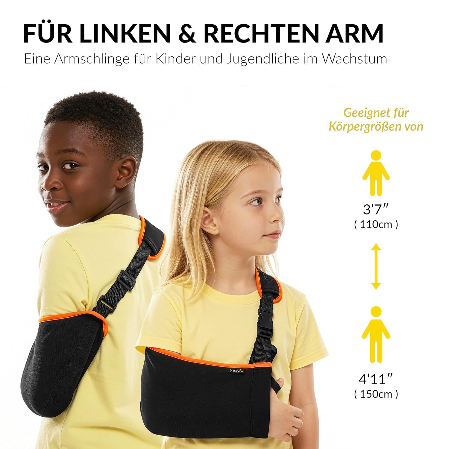 Vier Personen beim Sport: Golf, Tennis, Training, Basketball, tragen Ellenbogenbandagen.