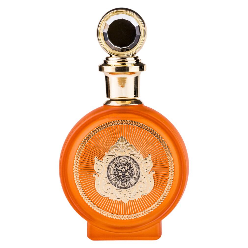 Runder Parfümflakon in Orange mit detailliertem goldenem Emblem.