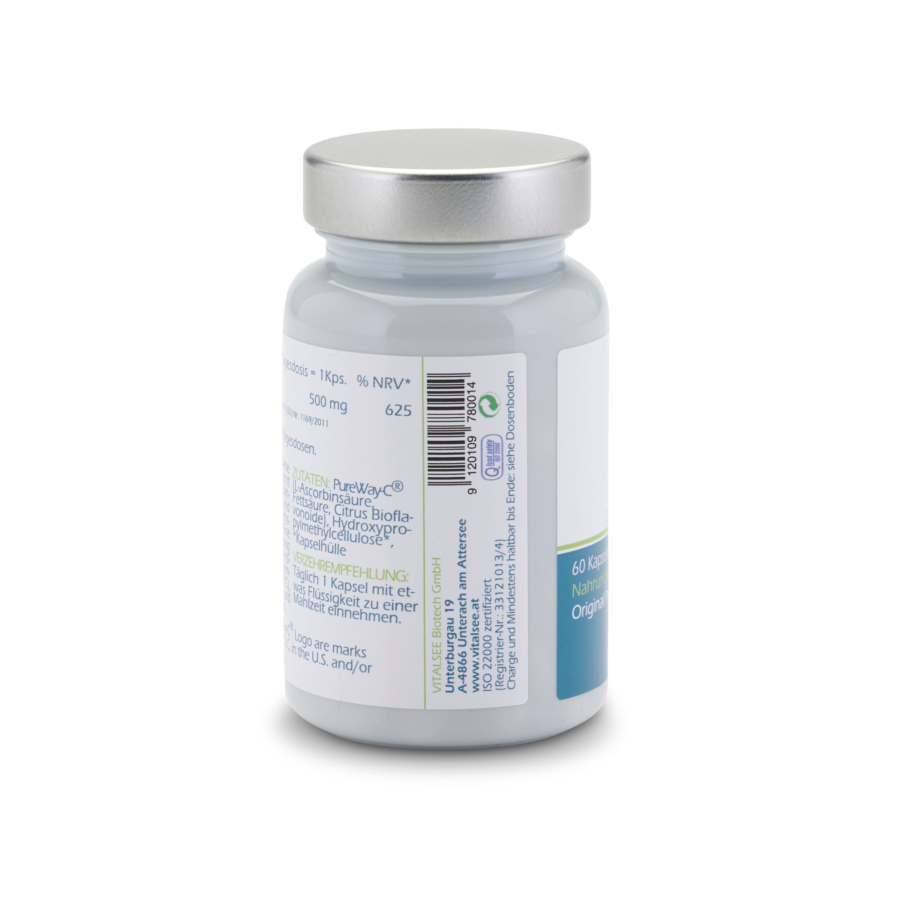 Rückansicht einer Flasche mit Vitamin C Kapseln. Etikett mit Informationen und Barcode.