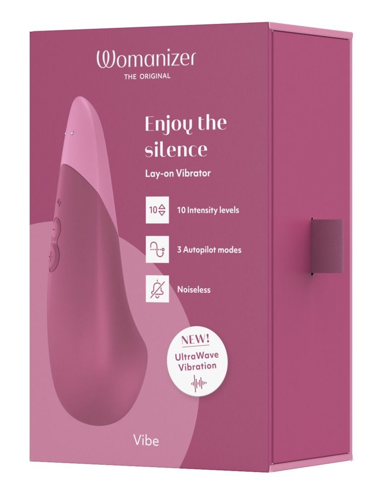 Womanizer-Verpackung. Rosa Box mit Produktabbildung. Text: Enjoy the silence, 10 Intensitätsstufen, 3 Modi, geräuschlos, UltraWave Vibration.