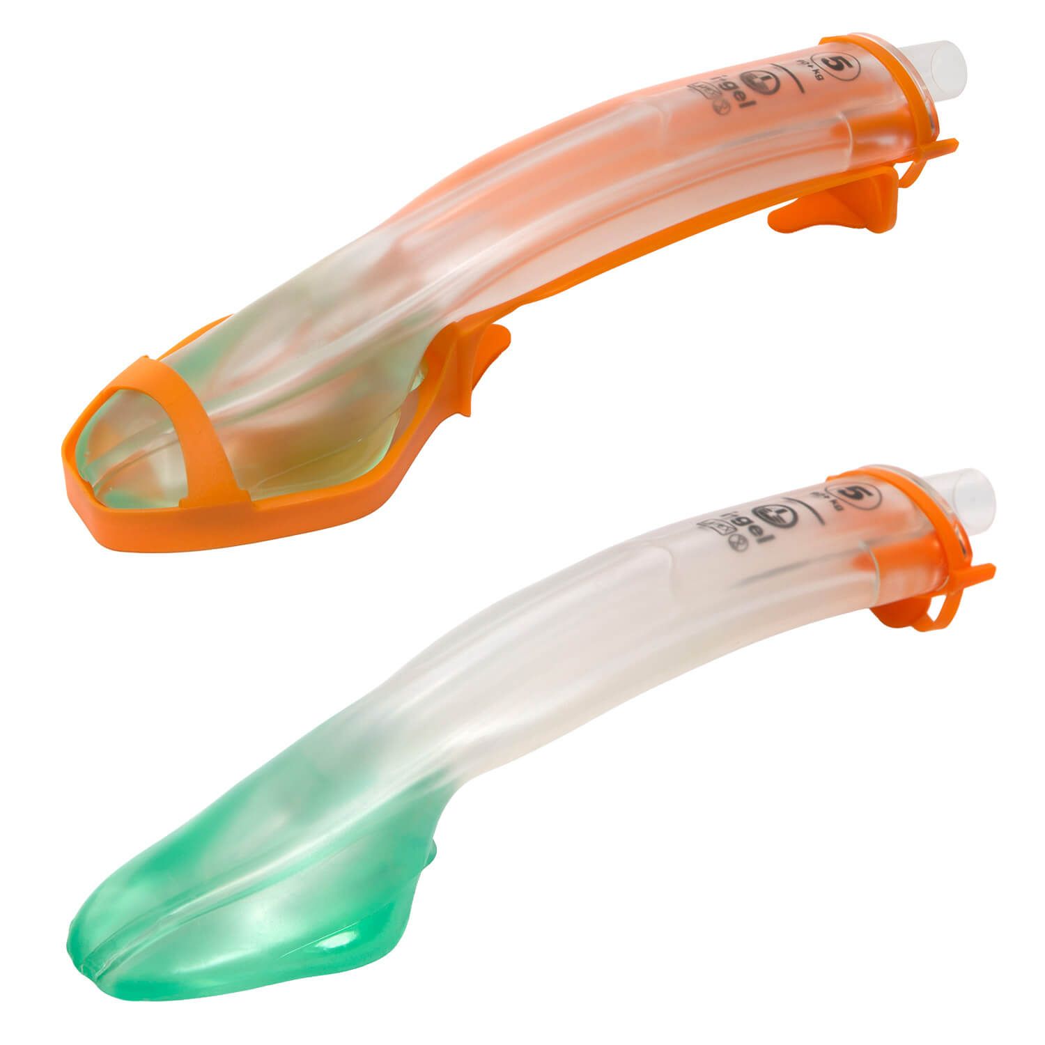 Zwei i-gel Plus Larynxmasken, Größe 4, in Grün und Orange, mit orangefarbenen Haltebügeln.