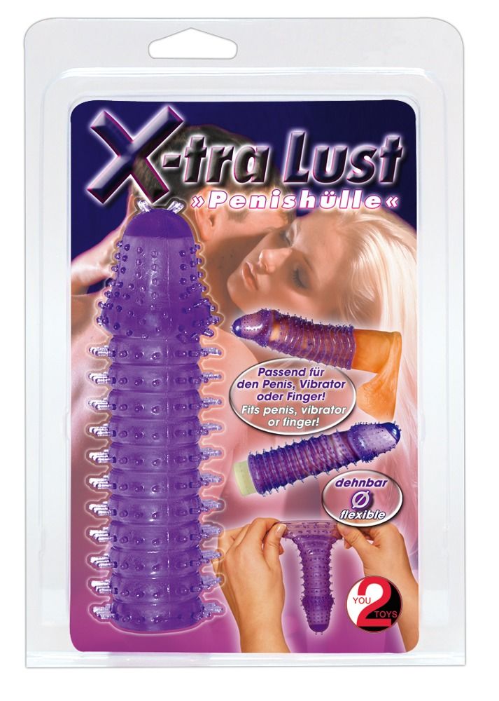 Verpackung mit lila Penishülle. Text: X-tra Lust, Penishülle, You2Toys. Produkt mit Noppen, flexibel.