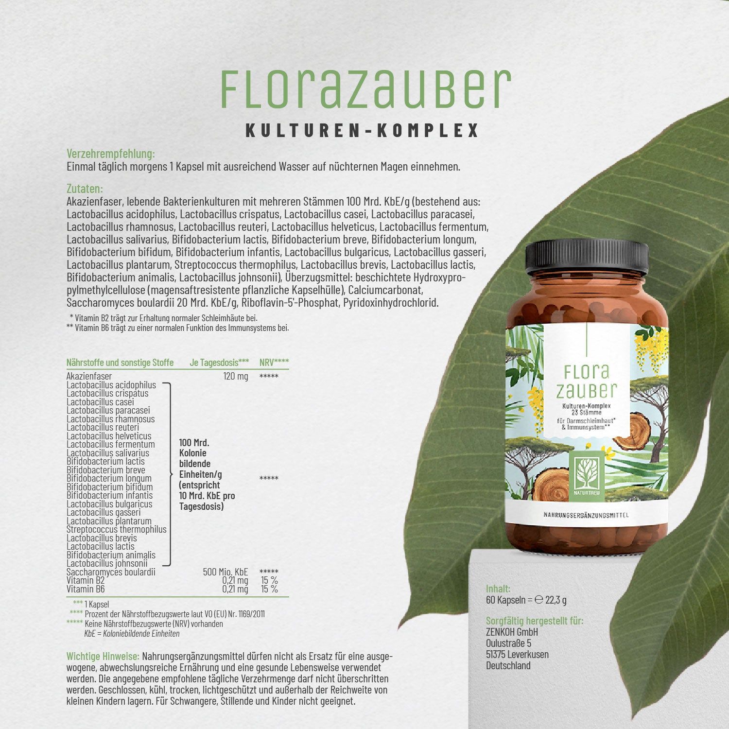 Braune Flasche mit schwarzem Deckel. Aufschrift: Flora Zauber, Kulturen-Komplex. Text: Einnahmeempfehlung, Inhaltsstoffe, Nährwerte. Blattwerk im Hintergrund.