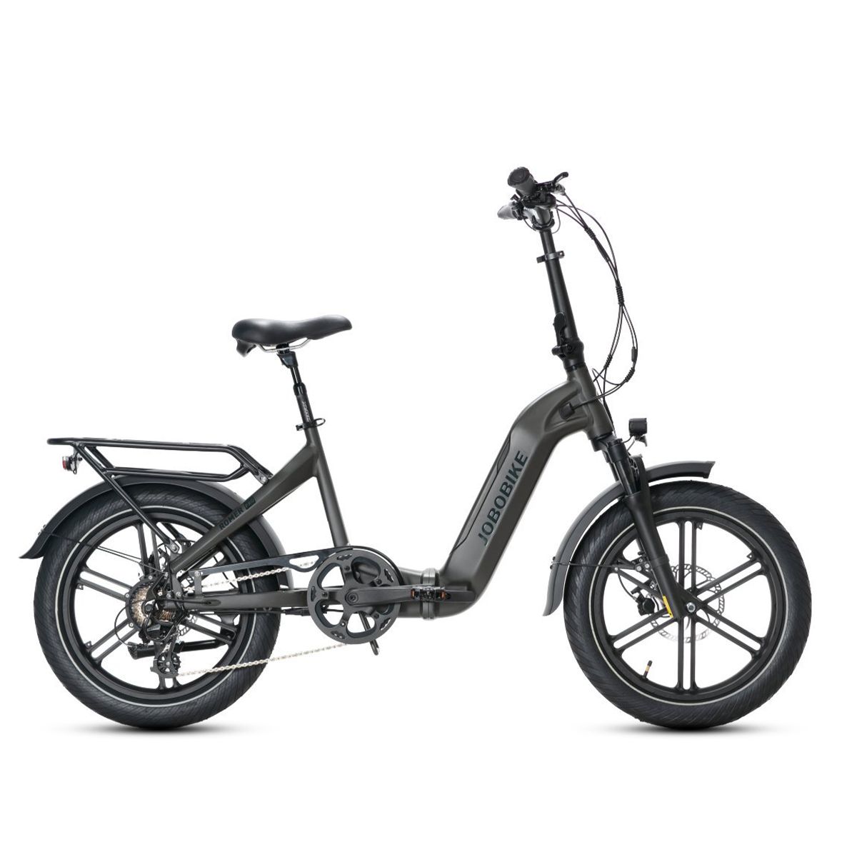 Dunkelgraues Elektrofahrrad mit schwarzem Rahmen, Schutzblechen und Reifen. JOBOBIKE-Logo sichtbar.