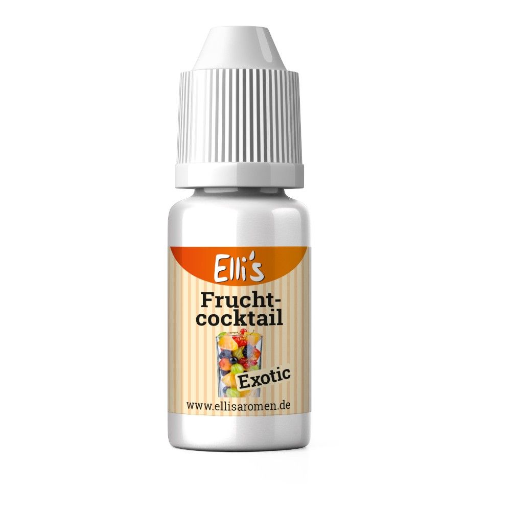 Flasche mit weißem Deckel. Aufkleber mit "Elli's Fruchtcocktail exotic". Abbildung von Früchten im Glas. www.ellisaromen.de.