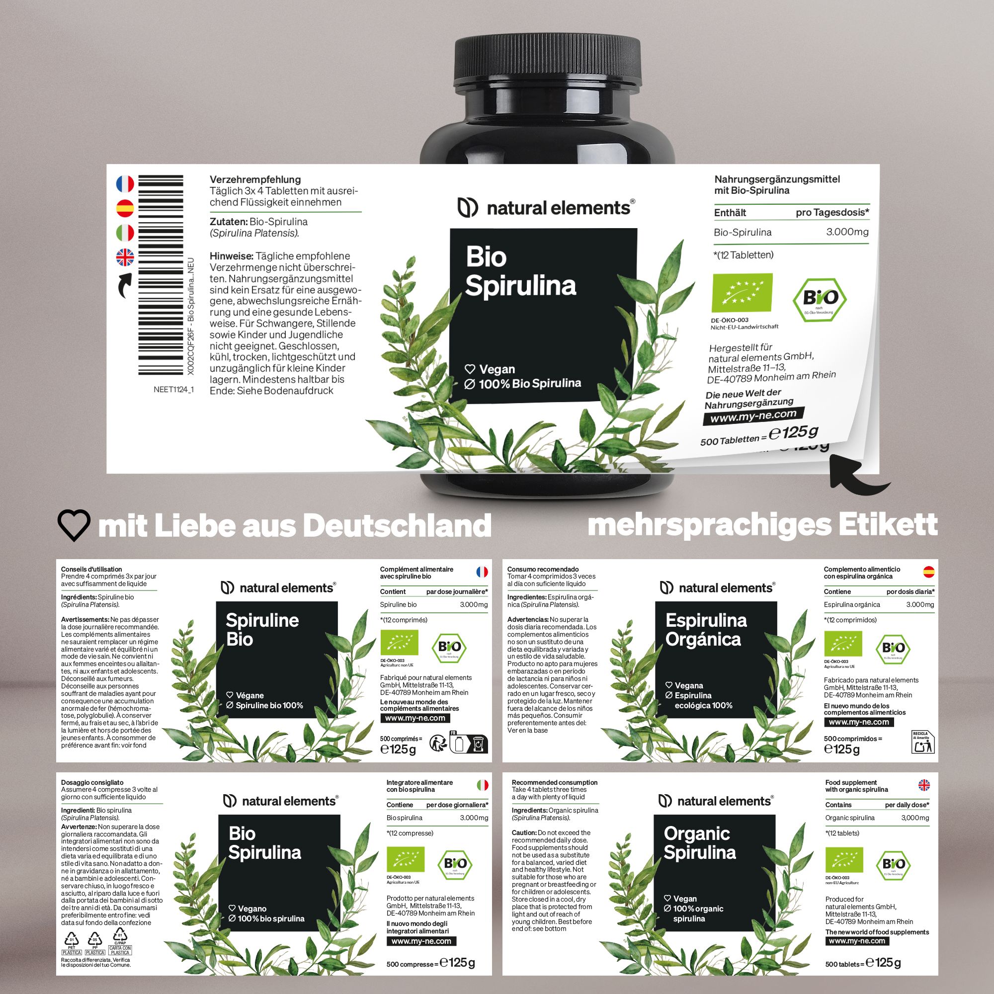 Flasche mit Etikett, mehrsprachig. Etiketten mit Aufschriften in Deutsch, Französisch, Italienisch und Niederländisch.