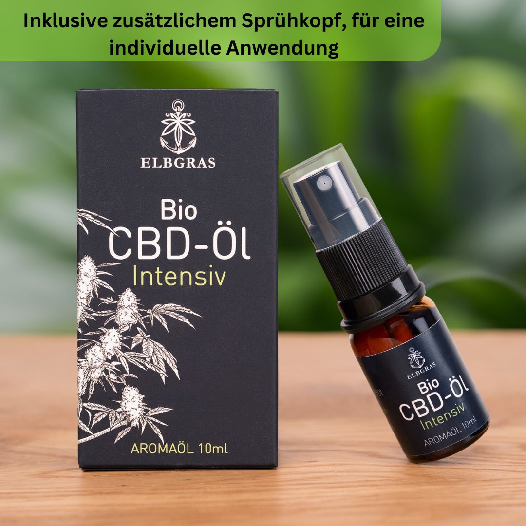 Elbgras Bio CBD Öl Intensiv 30% Flasche mit Sprühkopf-Aufsatz und Umverpackung.