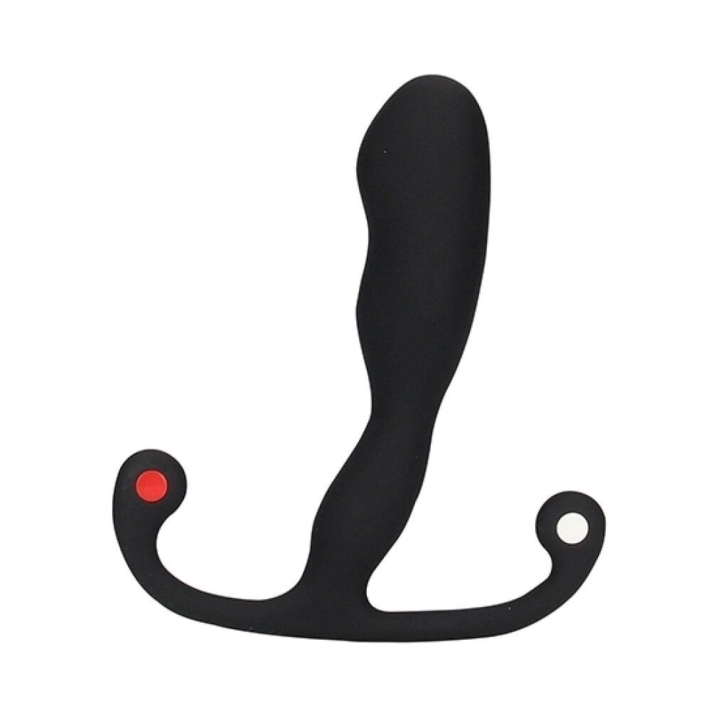 Schwarzes, T-förmiges Wellness-Produkt. Ein Ende mit rotem Knopf, das andere mit weißem. Geformt für den Intimbereich.