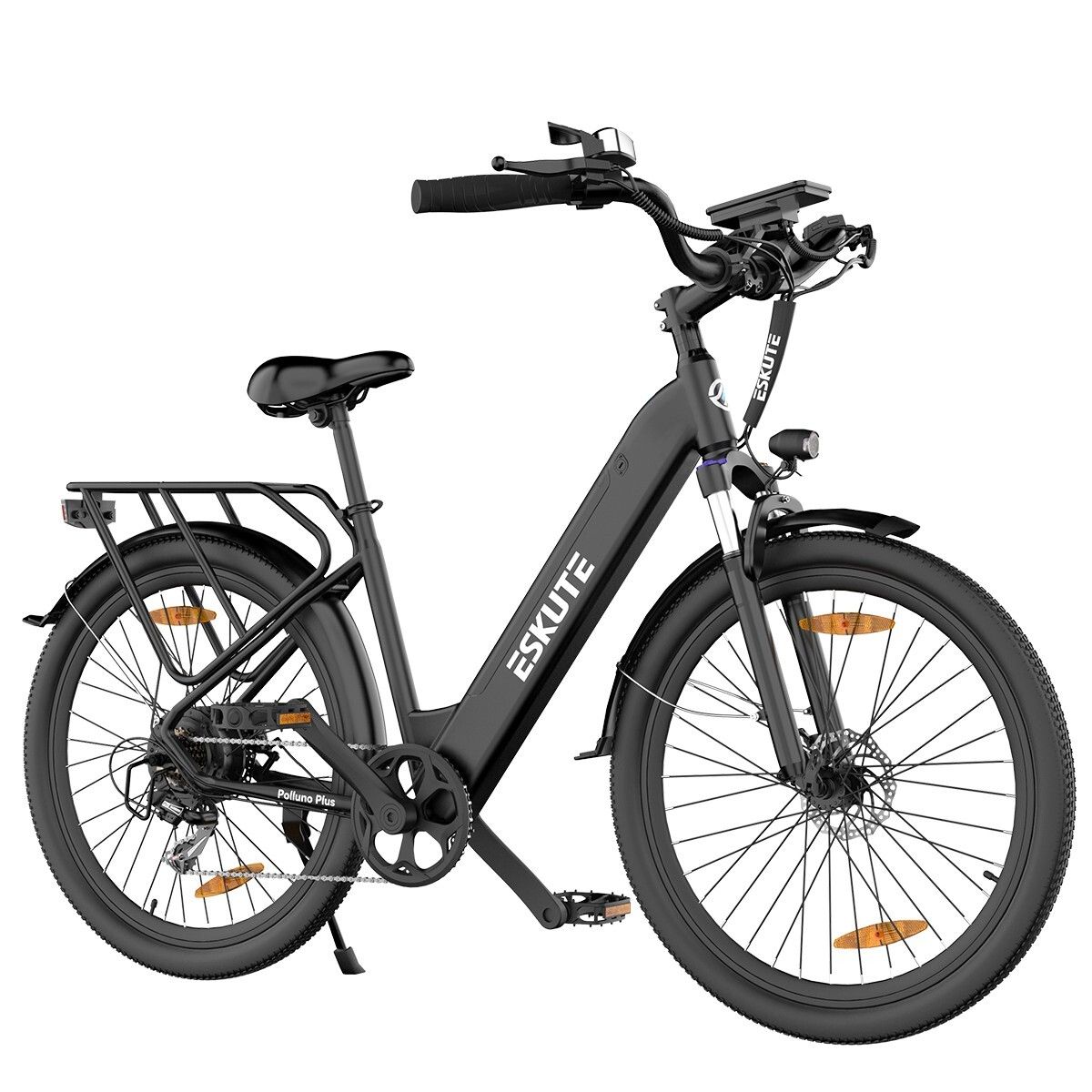 Schwarzes ESKUTE Polluno Plus E-Bike. Gepäckträger, Schutzbleche, Scheinwerfer. 36V 20Ah Batterie.