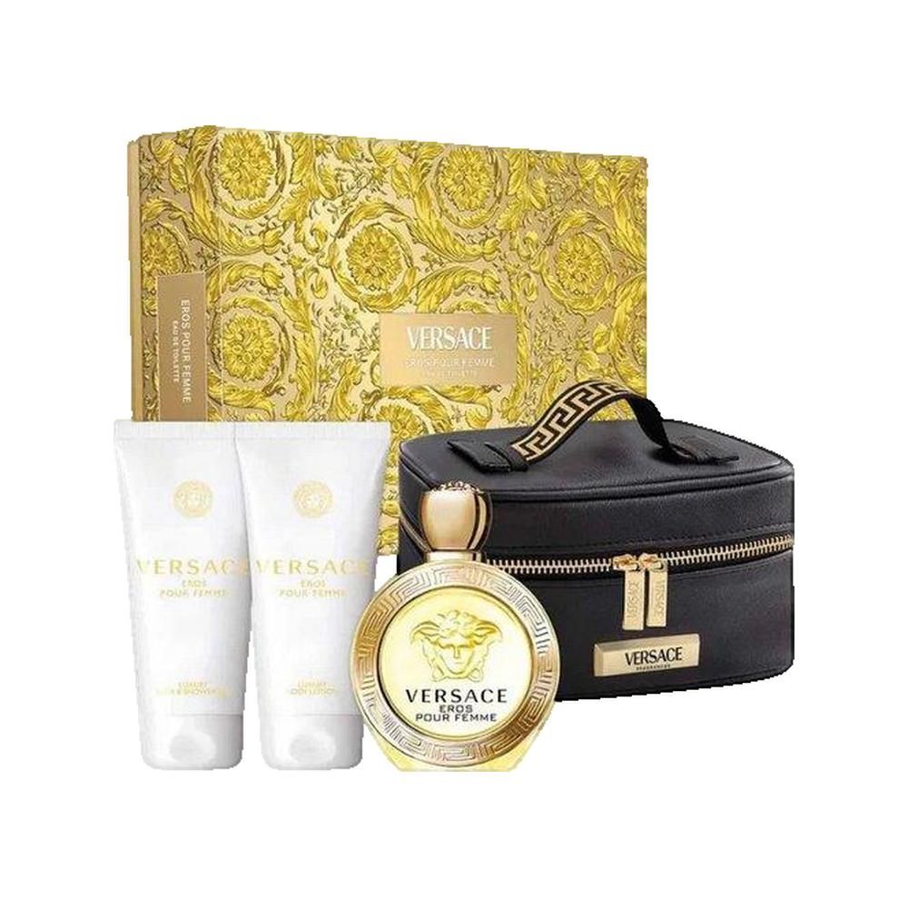 Geschenkset mit Versace Eros Pour Femme. Enthält Parfüm, zwei Tuben Duschgel und eine schwarze Kosmetiktasche mit goldenem Reißverschluss.