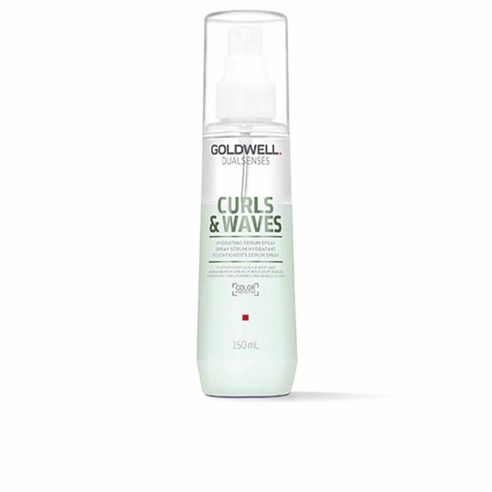 Haarspray-Flasche mit weißem Deckel. Aufschrift: Goldwell Dualsenses Curls & Waves. Grüne Schrift. 150ml.