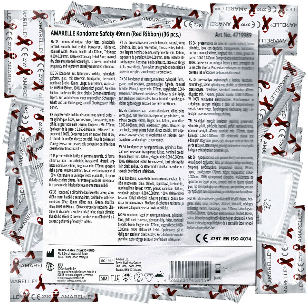 Kondome einzeln verpackt. Text: Amarelle Kondome Safety 49mm (Red Ribbon) (36 pcs.). CE-Kennzeichnung.