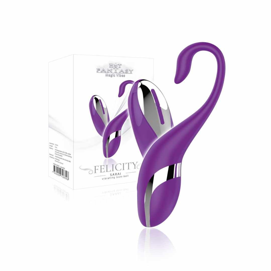 Lila Vibrator mit silbernen Akzenten. Auf Verpackung steht "Hot Fantasy" und "Felicity".