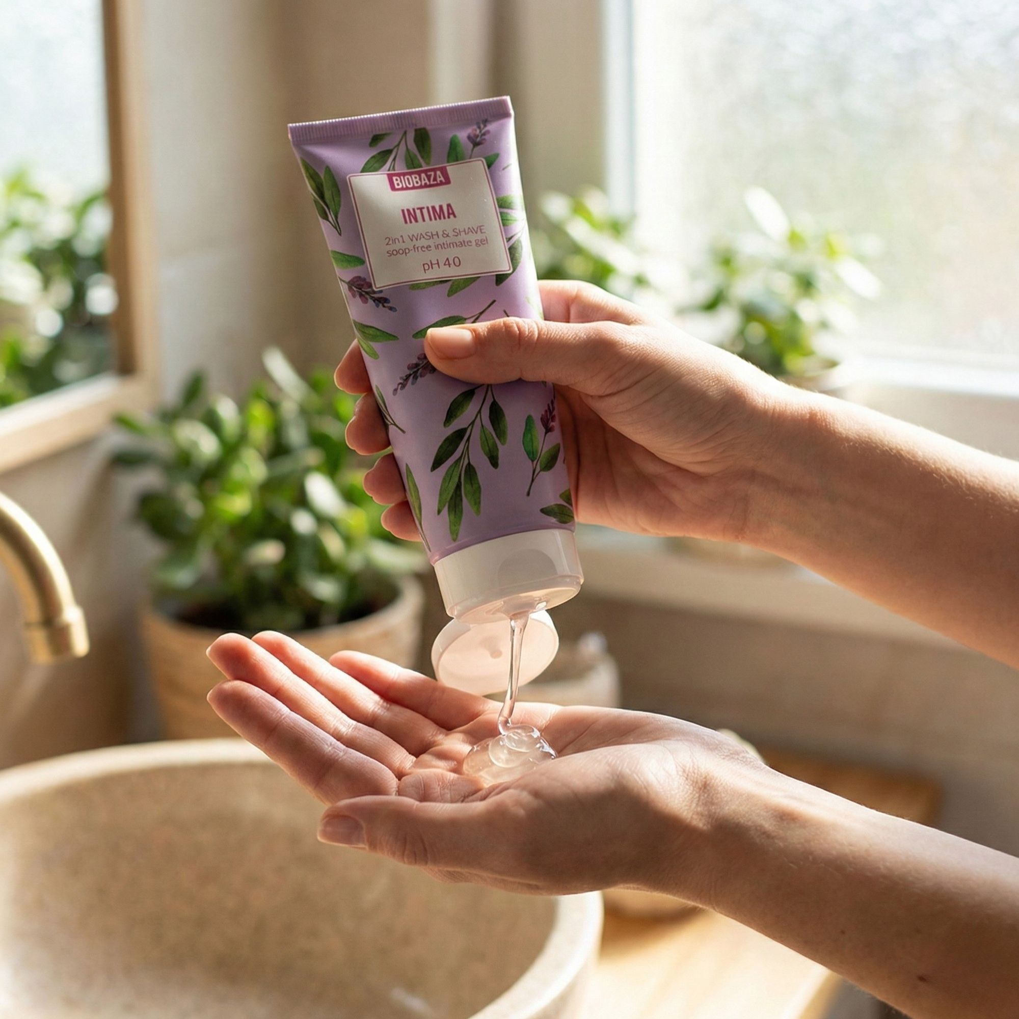 Hände halten eine Tube, aus der eine transparente Flüssigkeit fließt. Der Produktname ist sichtbar.