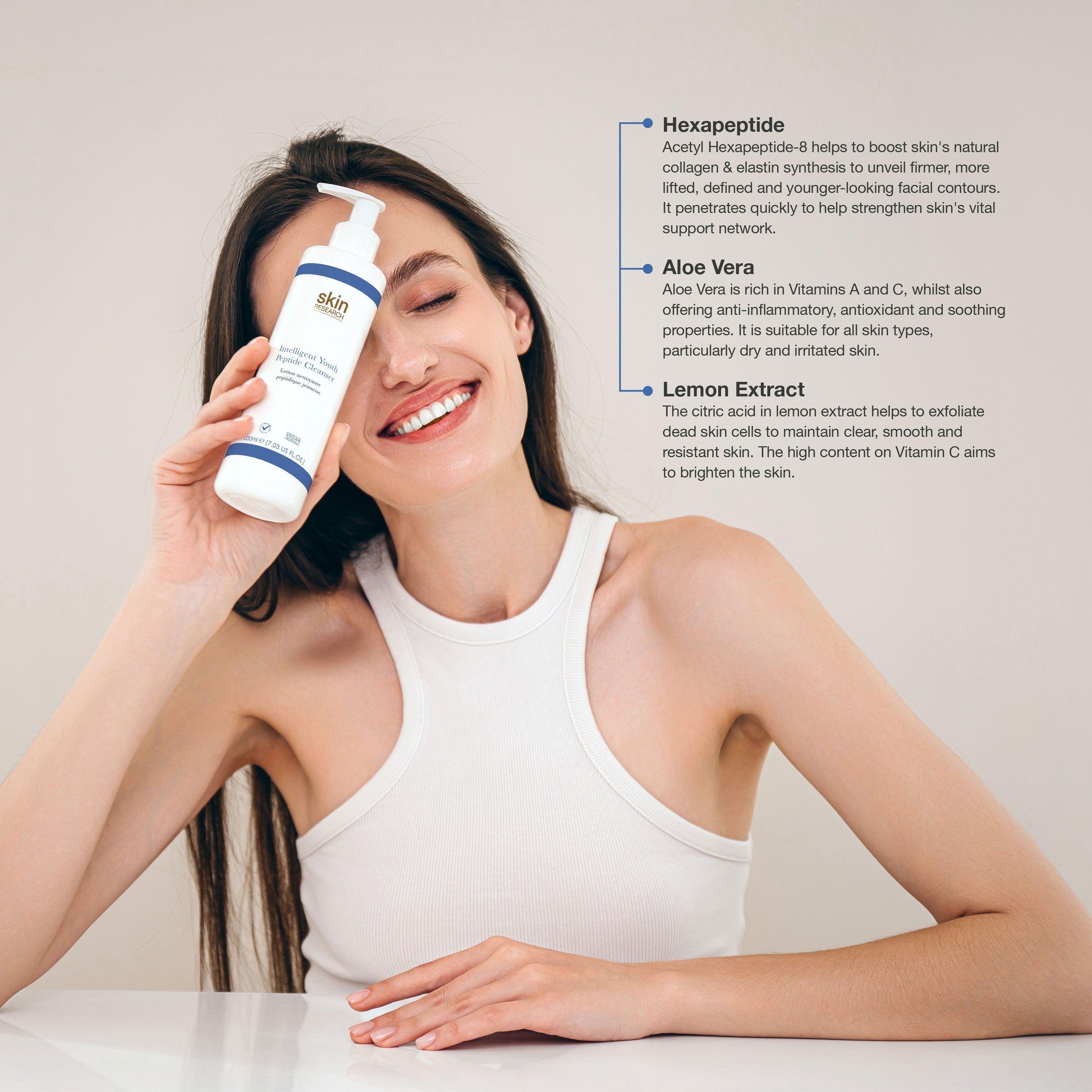 Hautpflegeprodukt mit Pumpe, gehalten von einer Frau. Text: Intelligent Youth Peptide Cleanser. Marke: Skin Research. Inhaltsstoffe.