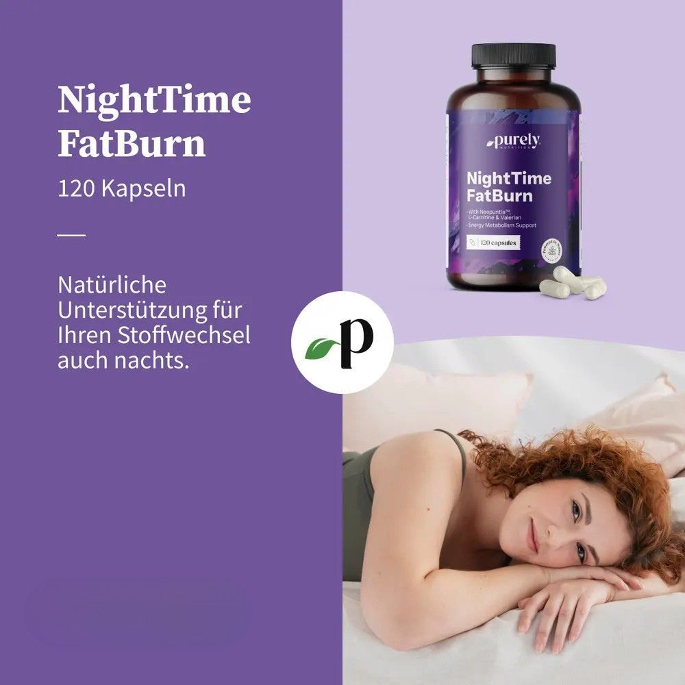 Werbung. Flasche NightTime FatBurn, 120 Kapseln. Frau liegt auf Bett. Text: Natürliche Unterstützung für Ihren Stoffwechsel auch nachts.
