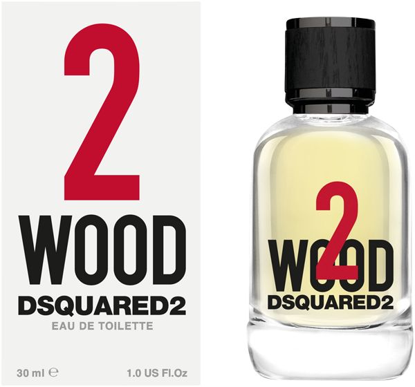 Flakon mit Aufdruck "2 WOOD DSQUARED2". Auf der Verpackung steht "2 WOOD DSQUARED2 Eau de Toilette".