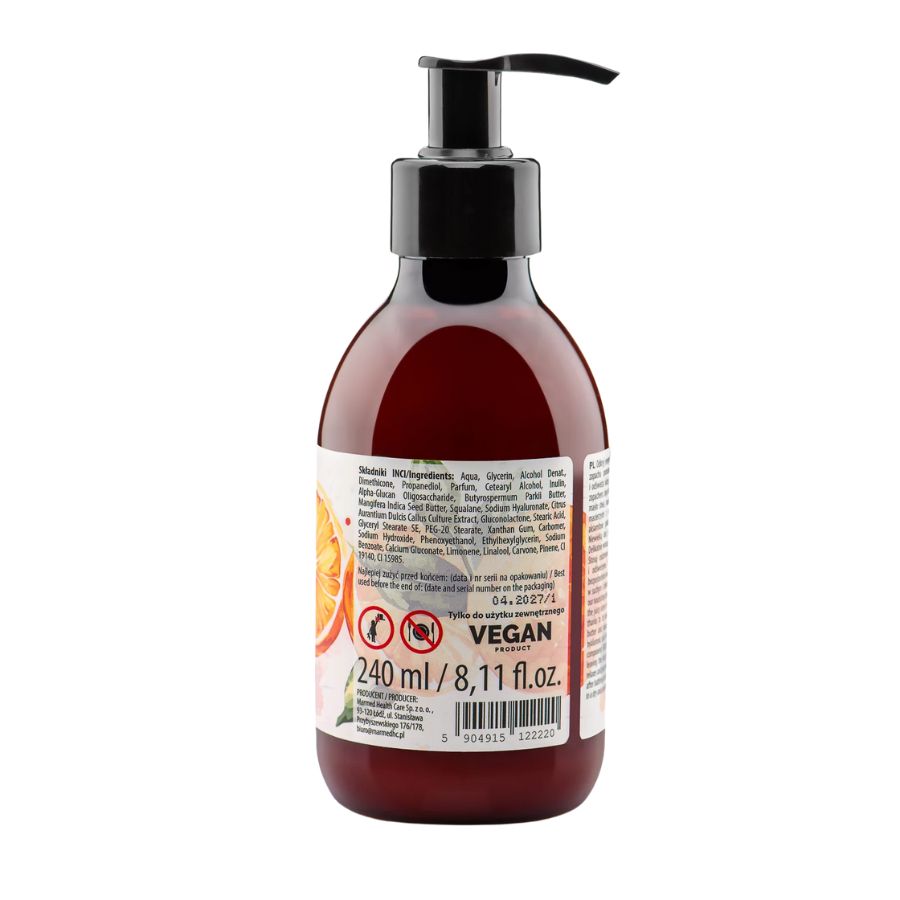 Rückseite der Flasche mit Text und Zutatenliste. Vegan-Siegel. Volumen: 240 ml / 8,11 fl.oz.