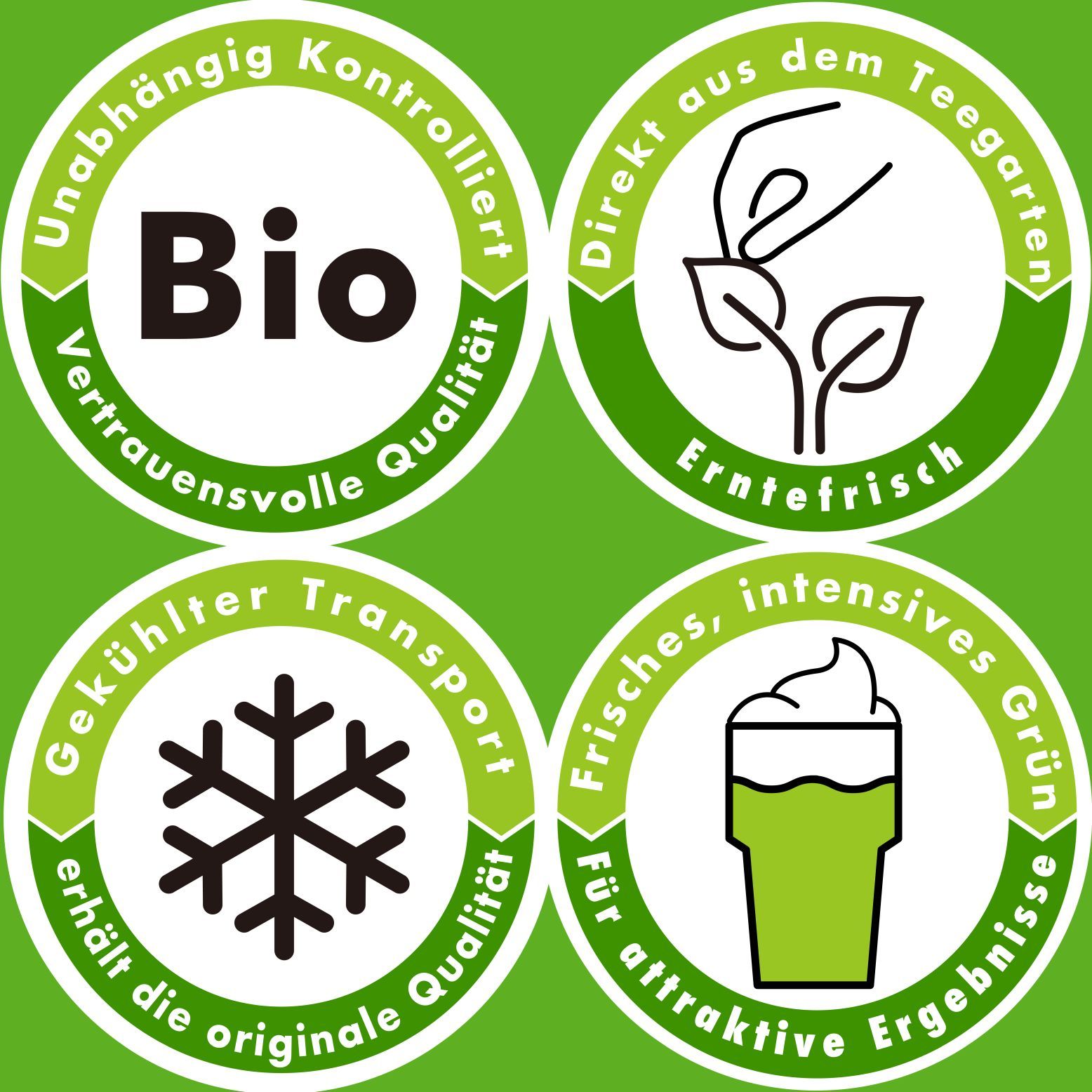 Vier runde Logos. Bio-Siegel, Blätter, Schneeflocke, Getränk. Text: "Unabhängig kontrolliert", "Erntefrisch".
