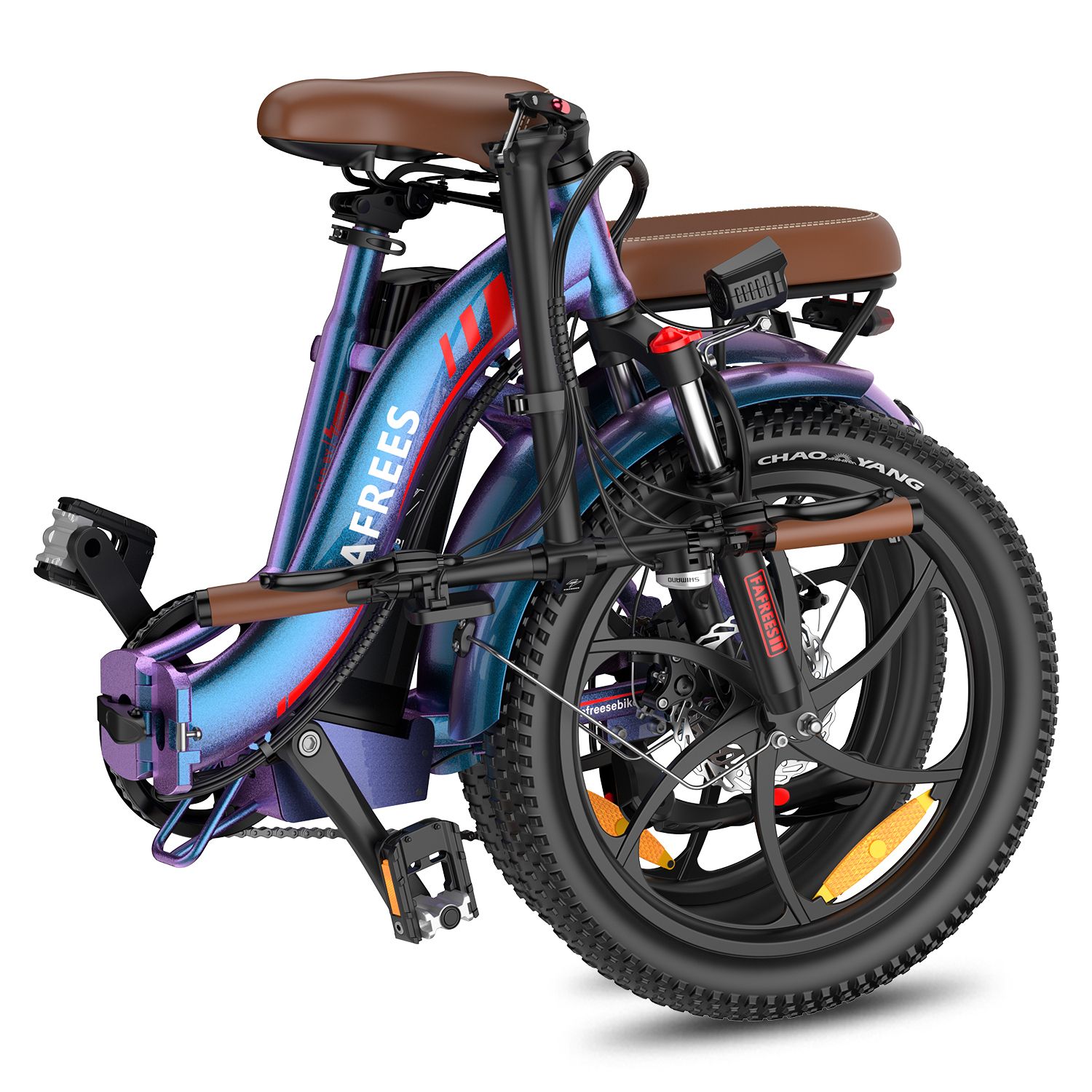 Gefaltetes blaues FAFREES F20 Pro Elektrofahrrad. Brauner Sattel und Lenker. Schwarze Reifen.