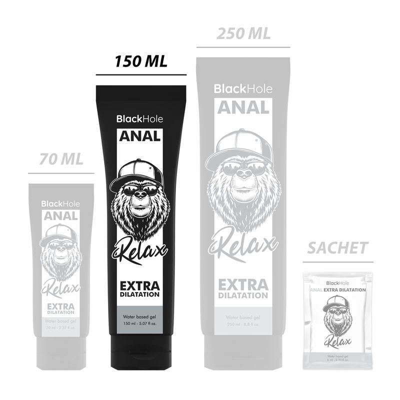 Verschiedene Größen von Gel-Tuben. Aufschrift: Black Hole ANAL, Relax, Extra Dilatation. Größen: 70ml, 150ml, 250ml, Sachet.