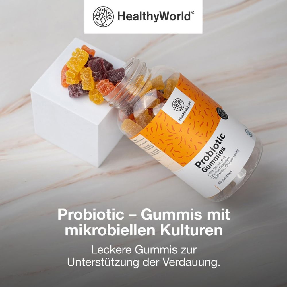 HealthyWorld Probiotic Gummis Flasche, Text: "Probiotika – Gummis mit mikrobiellen Kulturen, 90 Gummibonbons."