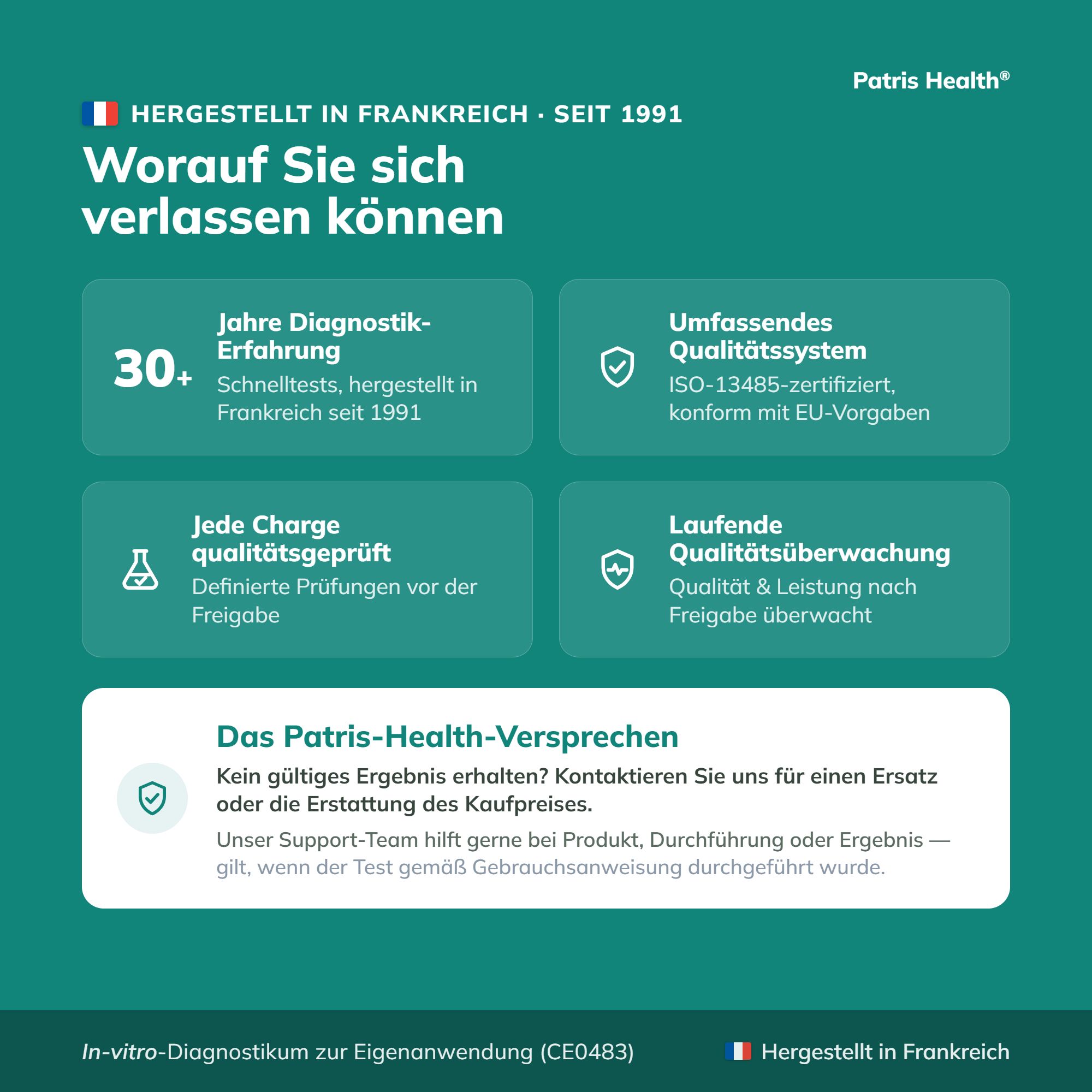 Qualitätsmerkmale des Allergie-Schnelltests: Erfahrung, Qualitätssystem, Chargenprüfung, Überwachung.