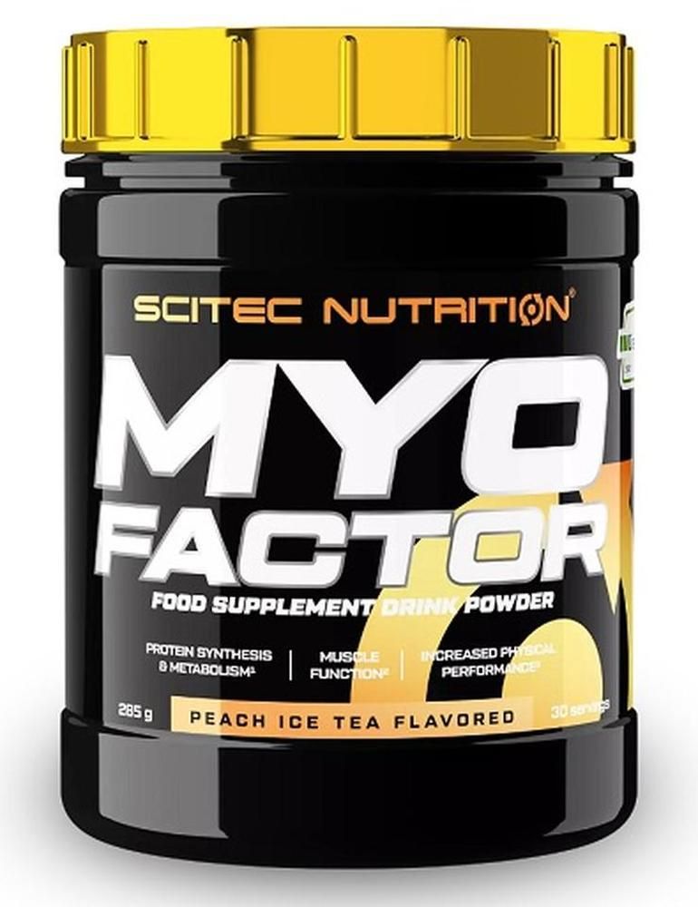 Schwarze Dose mit gelbem Deckel. Aufschrift: Scitec Nutrition, MyoFactor, Food Supplement Drink Powder. Geschmack: Peach Ice Tea Flavored.