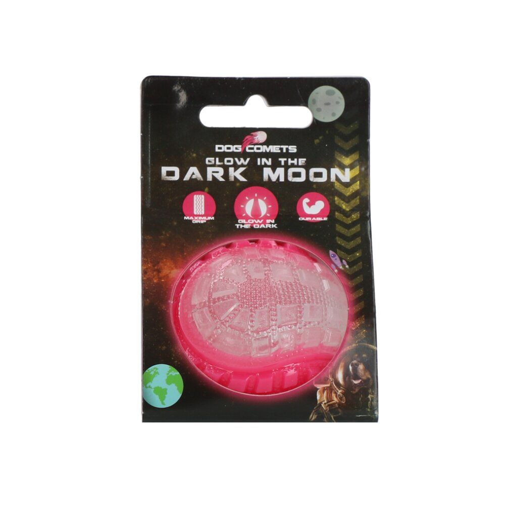 Verpackung mit rosa und transparenter Kugel. Text: 'Dog Comets Glow in the Dark Moon'.