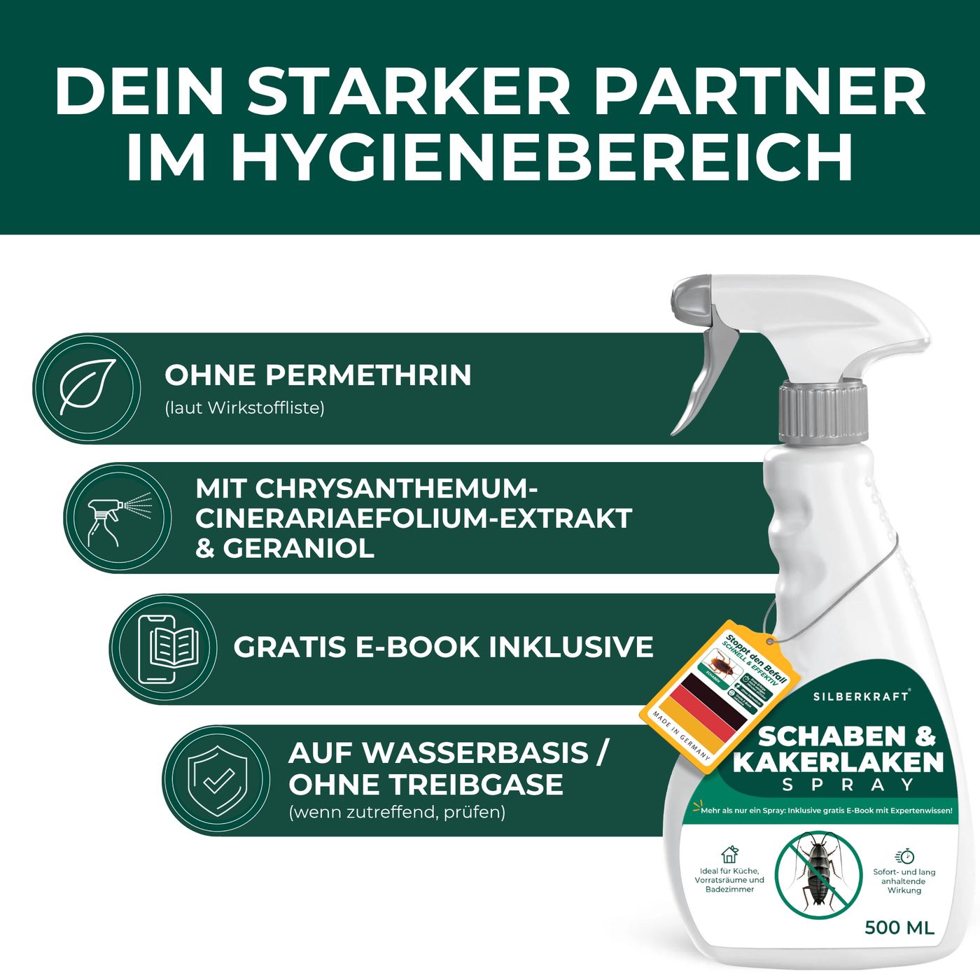 Weißes Spray mit Sprühkopf. Text: Ohne Permethrin, mit Chrysanthemum-Extrakt, gratis E-Book, auf Wasserbasis. Etikett mit Produktnamen.