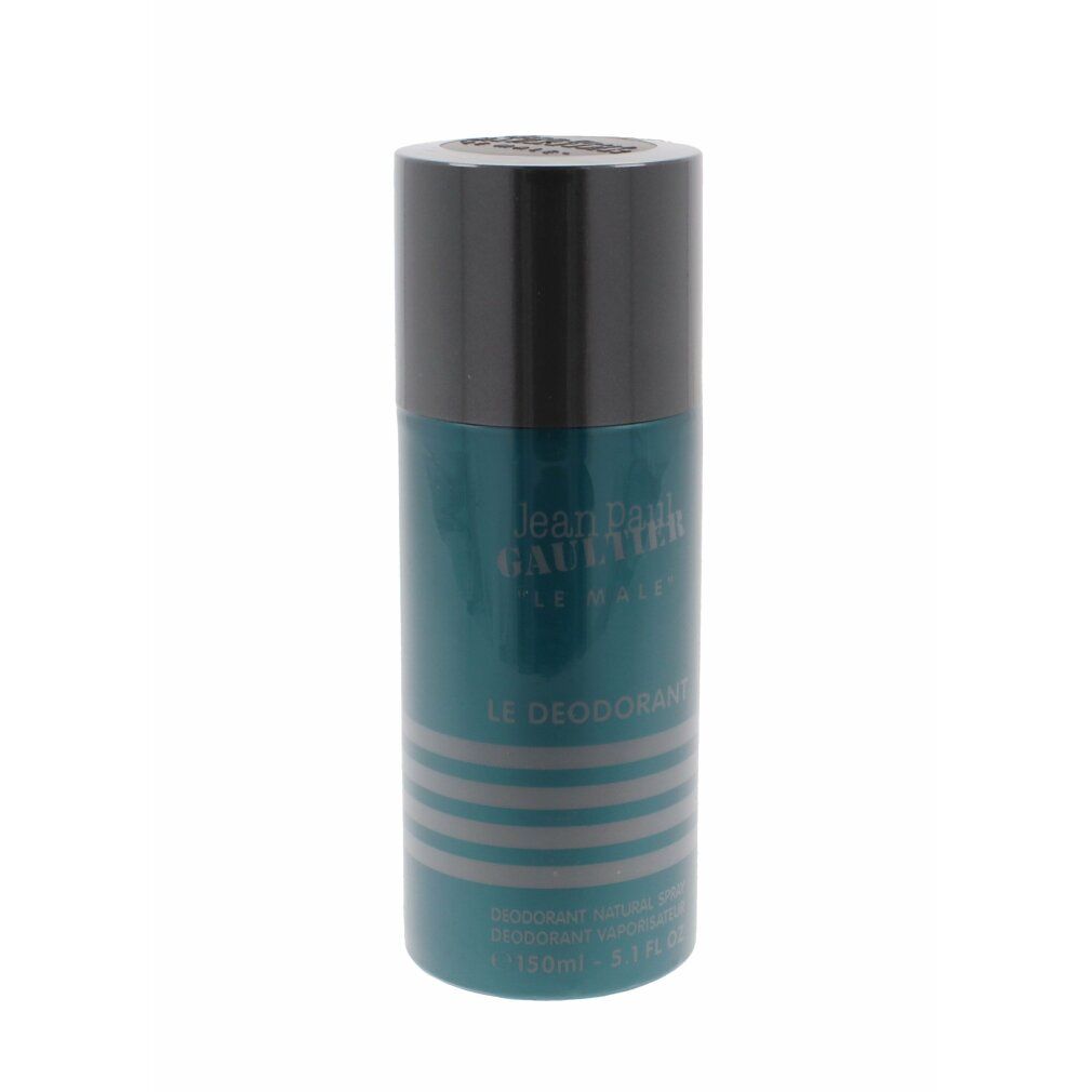 Türkisfarbene Deodorant-Sprühflasche. Dunkler Deckel. Text: Jean Paul Gaultier, LE MALE, LE DEODORANT.
