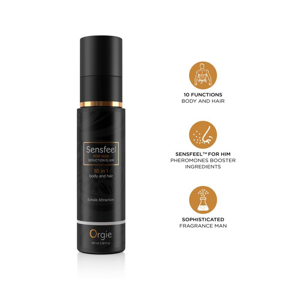 Schwarze Flasche mit goldfarbenen Akzenten. Aufschrift: Sensfeel for Man, 10 in 1, Orgie. Icons.