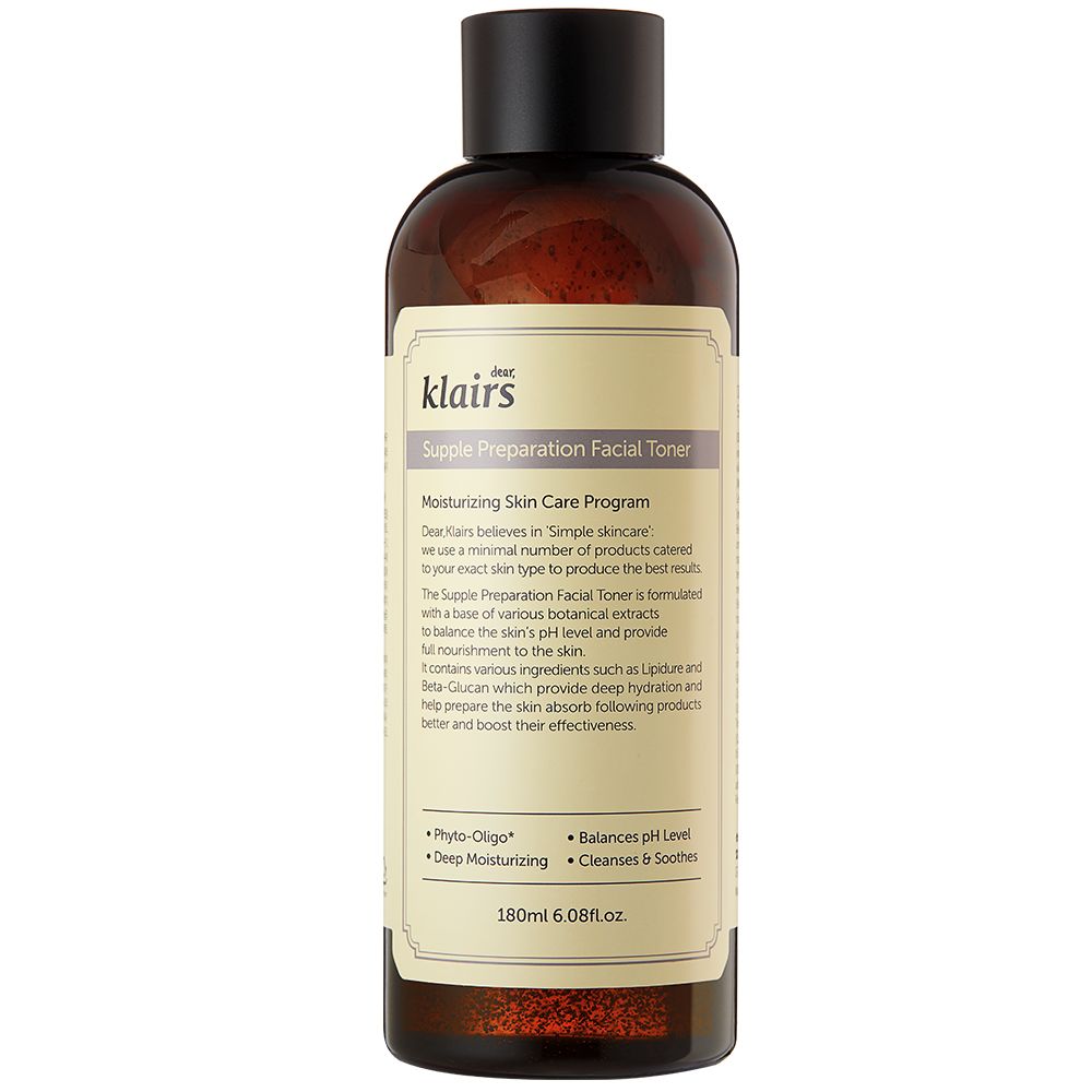 Klairs Supple Preparation Facial Toner Flasche mit Etikett und schwarzem Deckel.