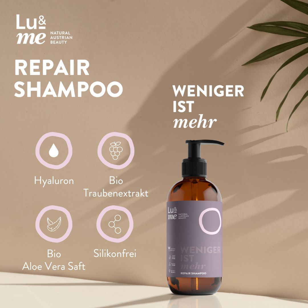 Braune Flasche mit Pumpe. Aufschrift: Repair Shampoo, Lu & me. Symbole: Hyaluron, Bio Traubenextrakt, Bio Aloe Vera Saft, Silikonfrei.