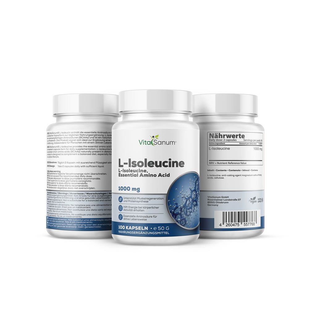 Drei weiße Flaschen VitaSanum L-Isoleucin Kapseln. Aufschrift: 1000 mg, 100 Kapseln. Blauer Aufkleber mit Molekül-Grafik.