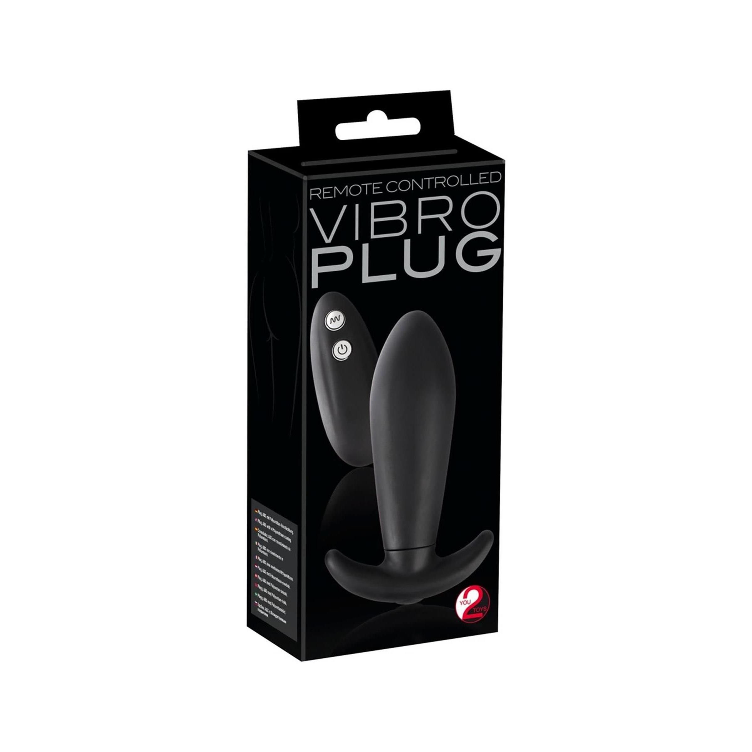 Schwarze Produktverpackung mit Produktabbildung. Aufschrift: REMOTE CONTROLLED VIBRO PLUG. Das Produkt ist abgebildet.